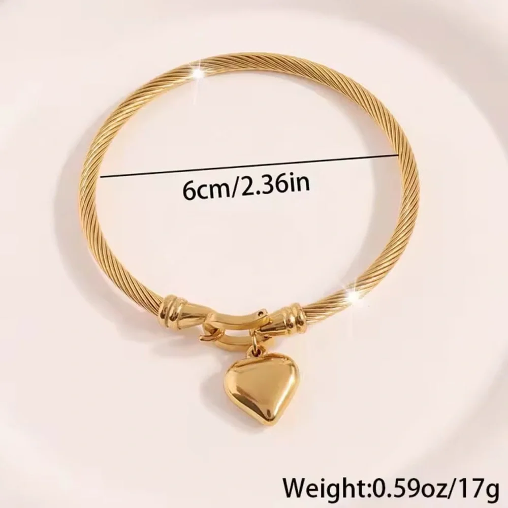 18k Gold Stainless Steel Heart Pendant Charm Bangle Bracelet